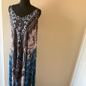 Elegant Blue and Brown Maxi Dress